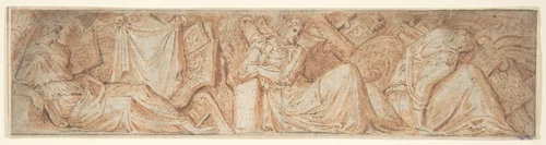 Design for a Frieze with an Armorial Trophy and Three Female Figures by anonymous, drawing, 1800-1900
