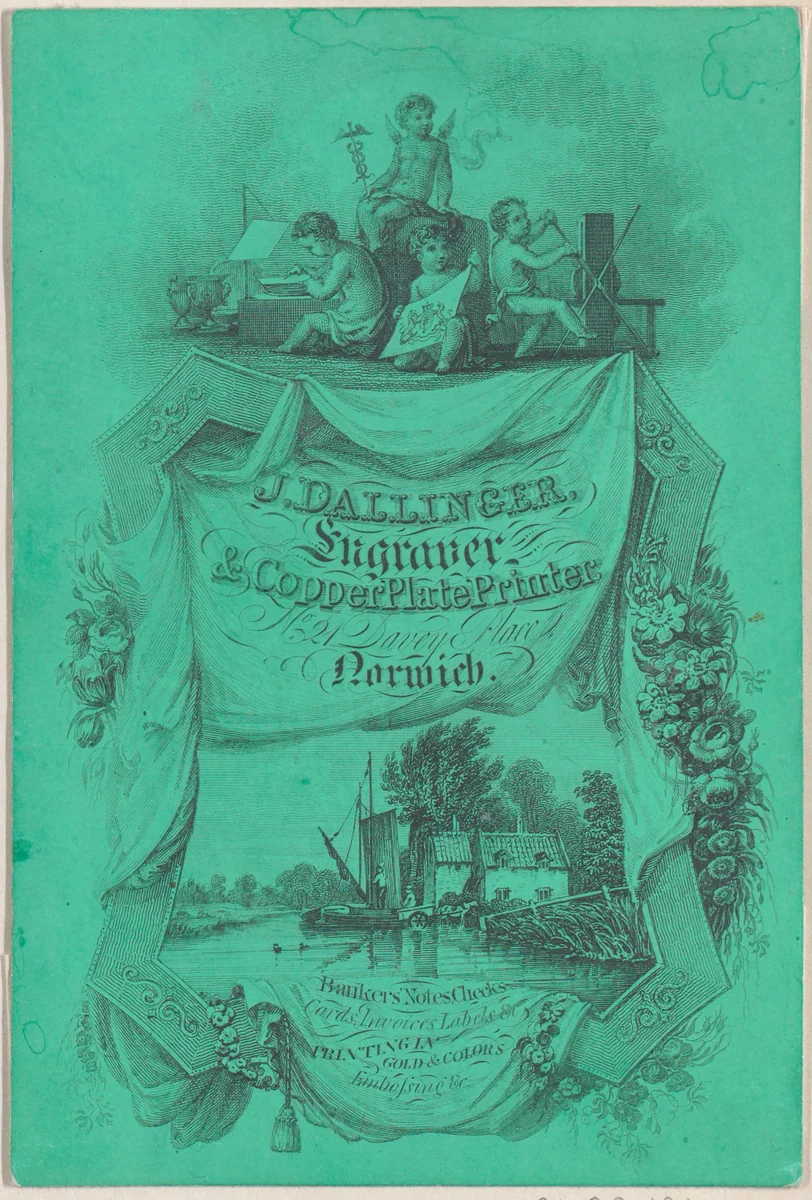 Trade card for J. Dallinger, Engraver and Copper Plate Printer by anonymous, print, 1800-1900