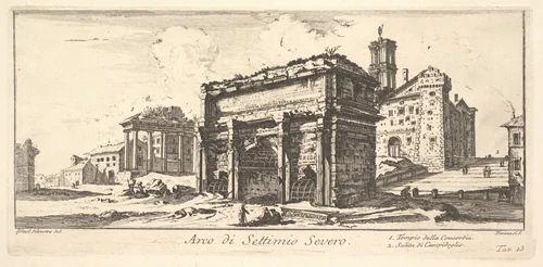 Plate 13: Arch of Settimius Severus 1. Temple of Concord. 2. Ascent to the Capitoline Hill (Arco di Settimio Severo. 1. Tempio della Concordia. 2. Salita di Campidoglio.), from "Antichità Romane de' Tempi della Repubblica, e de' primi Imperatori" by Giovanni Battista Piranesi, print, 1743-1753