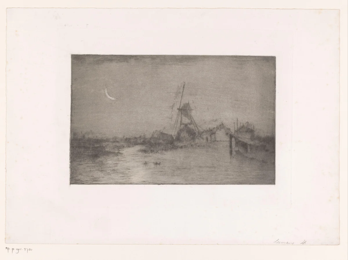 Landschap bij maanlicht met windmolen en enkele gebouwen aan een meer by Egide François Leemans, print, 1849-1883