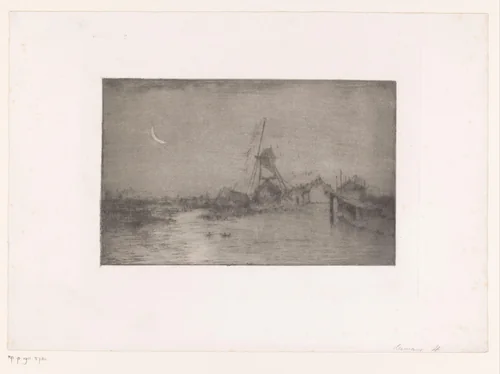 Landschap bij maanlicht met windmolen en enkele gebouwen aan een meer by Egide François Leemans, print, 1849-1883
