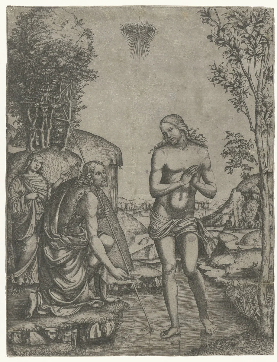 Doop van Christus in de Jordaan door Johannes de Doper by Unknown, print, 1460-1517