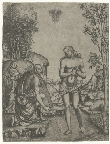 Doop van Christus in de Jordaan door Johannes de Doper by Unknown, print, 1460-1517