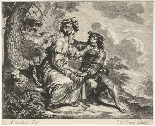 Herder en herderin in landschap by Cornelis van Dalen, print, 1648-1664