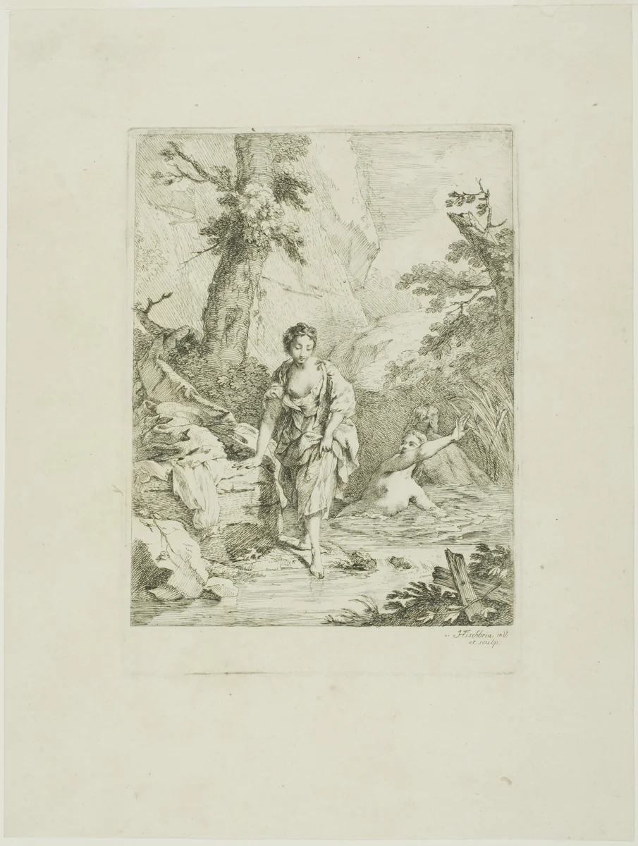 Three Female Bathers, Two in the Water, the Third Getting in by Herself by Johann Heinrich Tischbein, print, 1742-1789