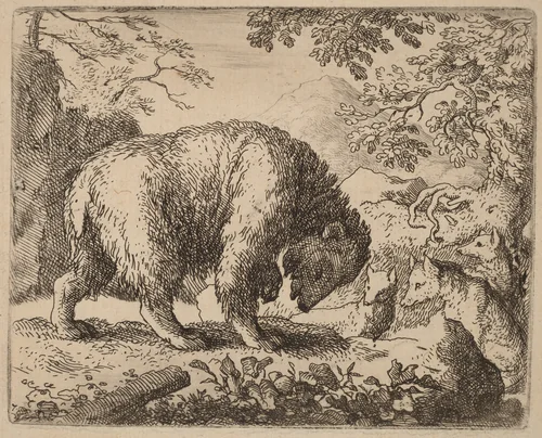 The Bear Distracted with Talk of Honey by Allart van Everdingen, print, 1645-1656