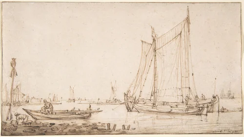 River Scene with Boats by Simon de Vlieger, drawing, 1610-1653