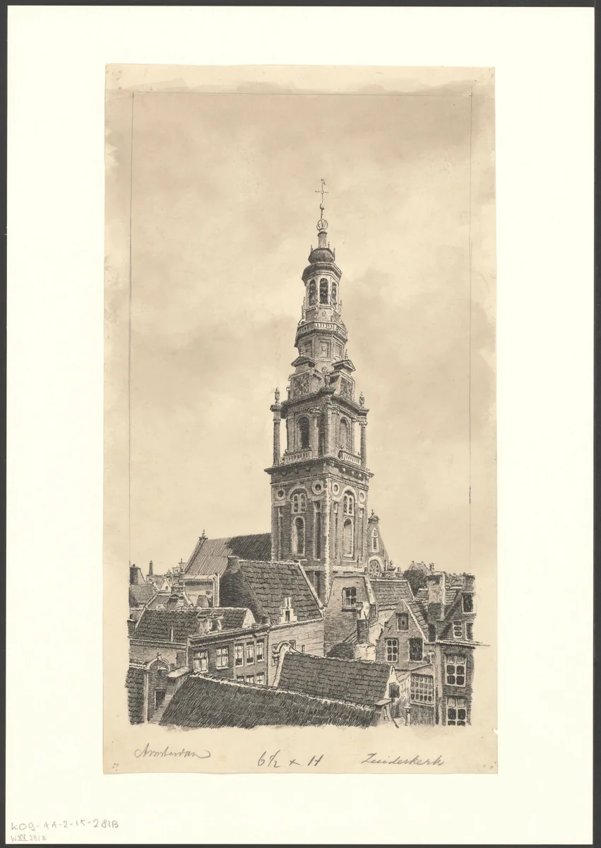 Gezicht op de Zuiderkerkstoren by anonymous, drawing, 1850-1950