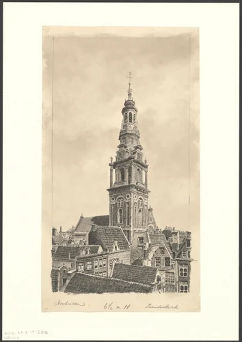 Gezicht op de Zuiderkerkstoren by anonymous, drawing, 1850-1950
