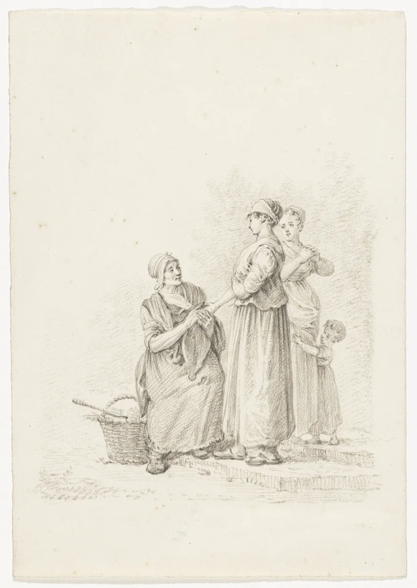 Twee vrouwen bij een waarzegster by Pieter Bartholomeusz. Barbiers, drawing, 1782-1837