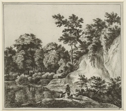 Landschap met een grote rots aan het water by Jan Hackaert, print, 1640-1699