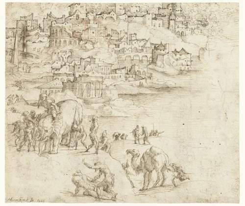 Fantasiestad met antieke ruïnes by Unknown, drawing, 1505-1562