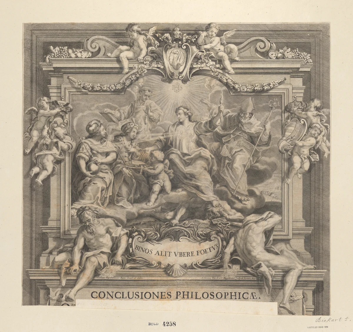 Thesis with a relgiious theme, the Holy Trinity at center and a royal couple at left by Antonin Birckhard, print, 1695-1753