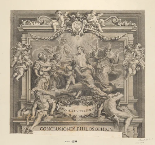 Thesis with a relgiious theme, the Holy Trinity at center and a royal couple at left by Antonin Birckhard, print, 1695-1753