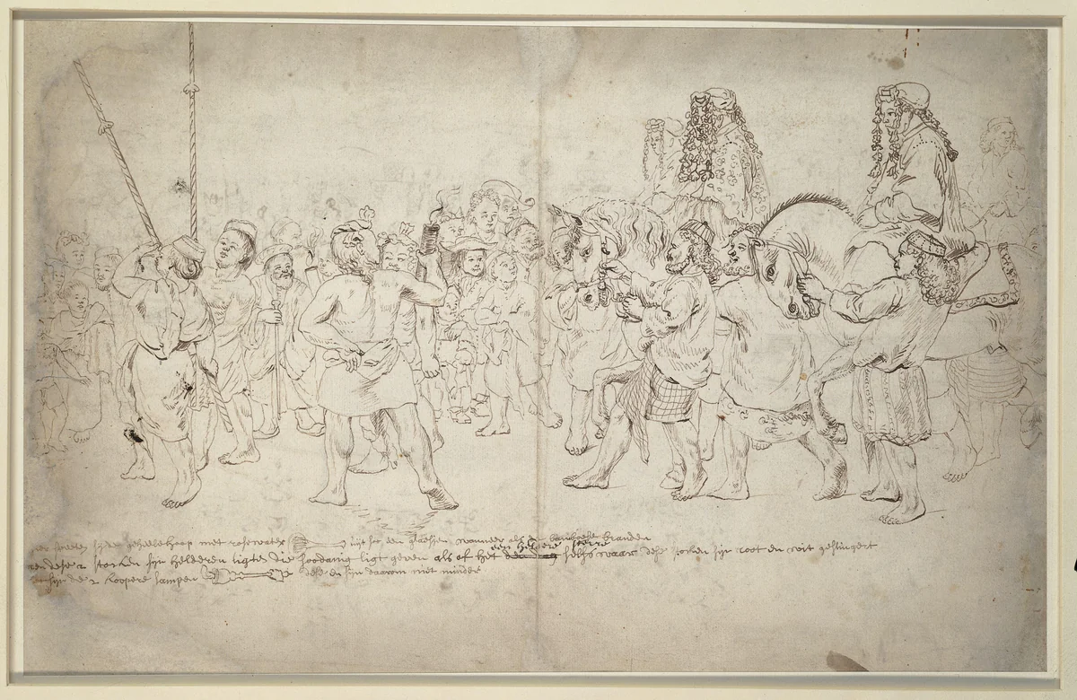 Gedeelte van een bruiloftsstoet by Wouter Schouten, drawing, 1660