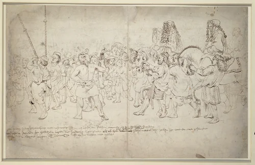 Gedeelte van een bruiloftsstoet by Wouter Schouten, drawing, 1660