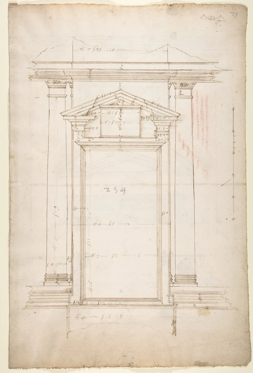 San Lorenzo, Library, Ricetto, entry portal to library, elevation (recto) San Lorenzo, Library, Ricetto, entry portal to library, plan and wall detail (verso) by anonymous, drawing, 1500-1560