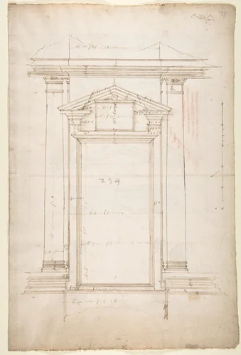 San Lorenzo, Library, Ricetto, entry portal to library, elevation (recto) San Lorenzo, Library, Ricetto, entry portal to library, plan and wall detail (verso) by anonymous, drawing, 1500-1560
