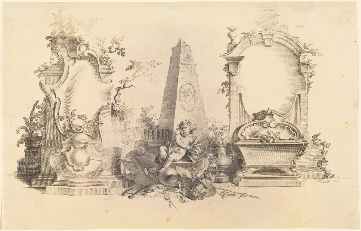 Cartouche Moderne with Emblems of Death by Johann Esaias Nilson, print, 1721-1788