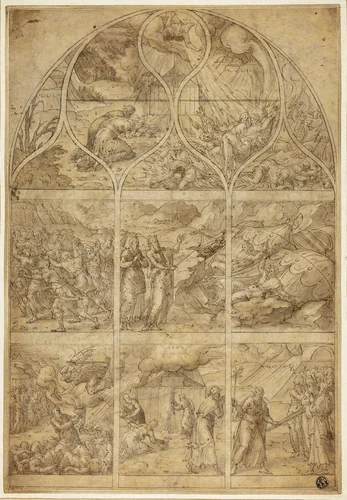 Design for a Stained Glass Window with the Story of Aaron by Jean Cousin, drawing, 1522-1594