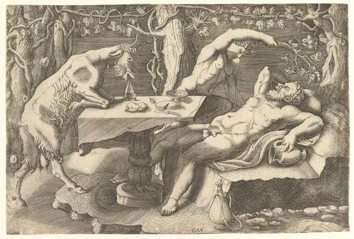 Silenus sleeping at right, taunted by a Satyr, and a Goat climbing on a table at left by Giorgio Ghisi, print, 1520-1582