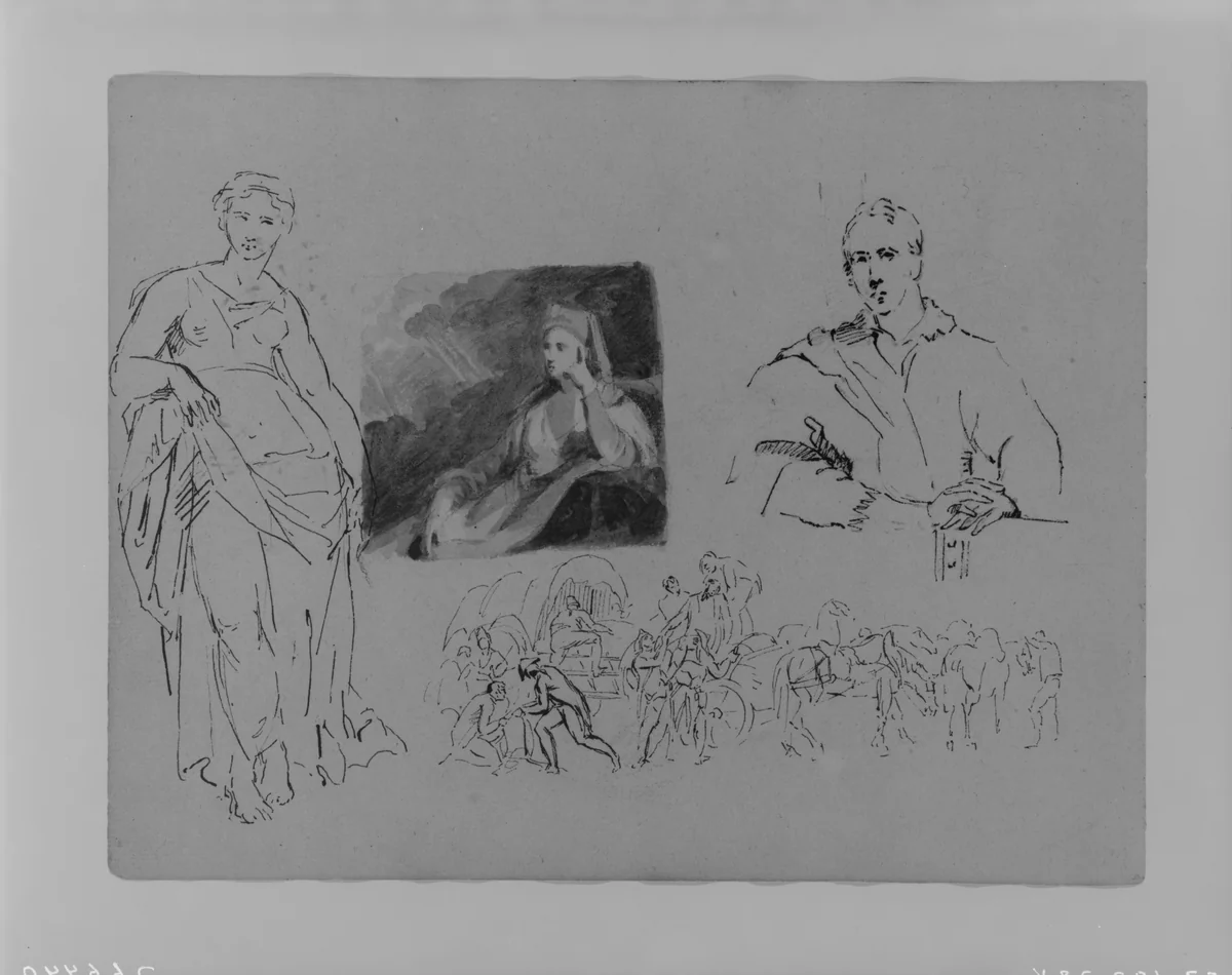 Standing Draped Female Figure; Portrait of a Cleric; Half-length Portrait of a Man; Figures with Wagons and Horses (Napoleon Scene?) (from Sketchbook) by Thomas Sully, artwork, 1810-1820
