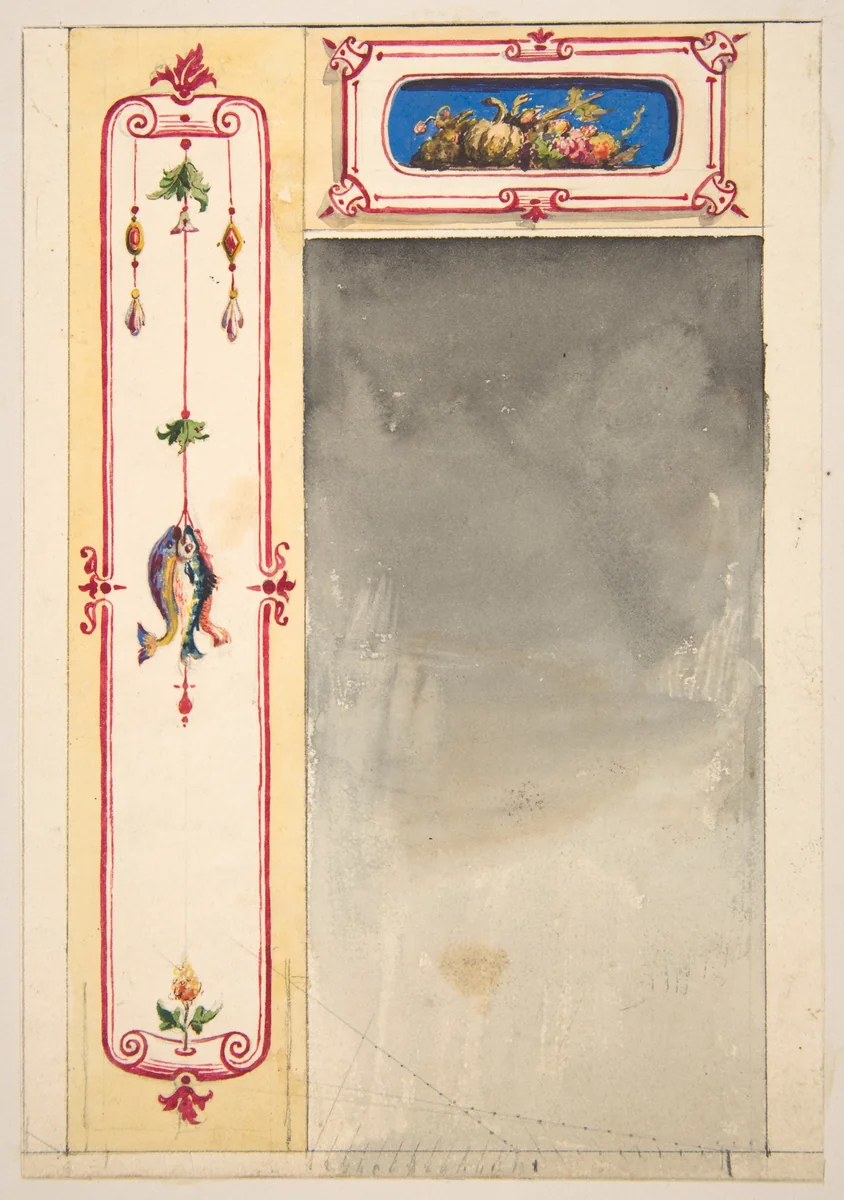 Design for panels framing a mirror decorated with scrolls and clusters of fish and vegetables by Jules-Edmond-Charles Lachaise, drawing, 1830-1897