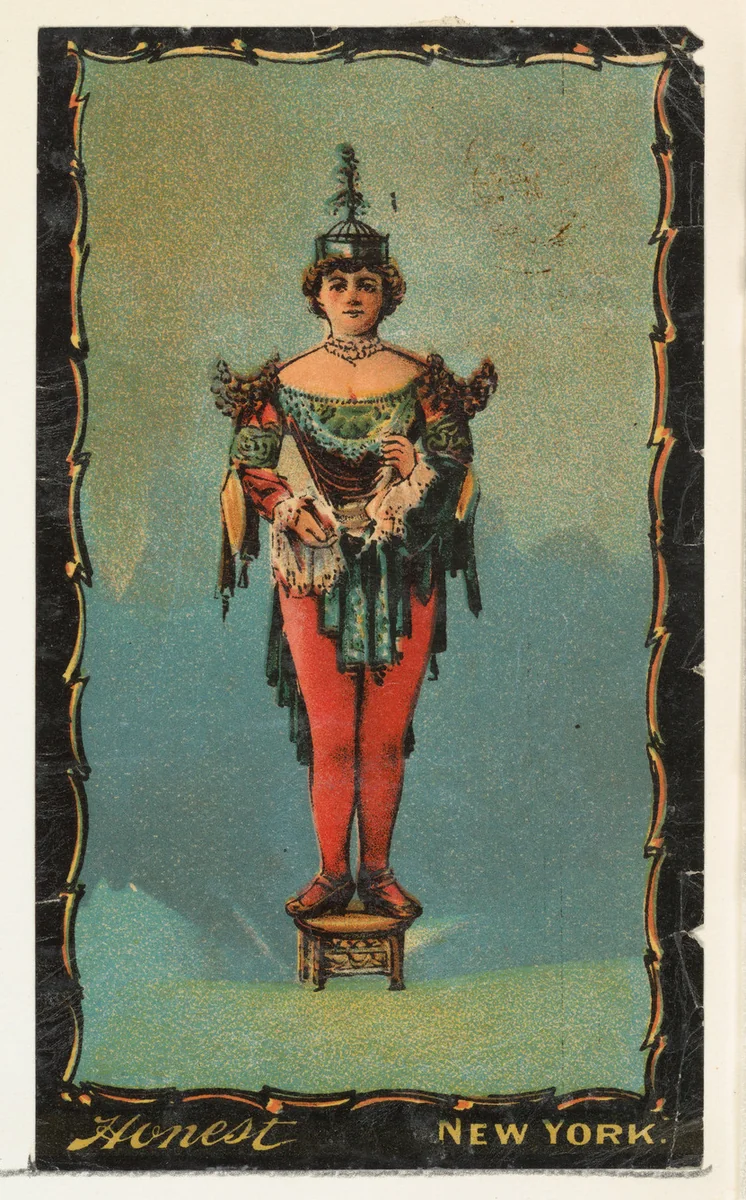 Actress in costume standing on wooden pedestal, from the Transparencies series (N137) issued by W. Duke, Sons & Co. to promote Honest Long Cut Tobacco by W. Duke, Sons & Co., print, 1884-1890