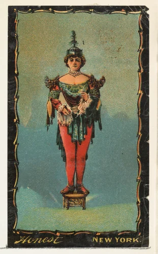 Actress in costume standing on wooden pedestal, from the Transparencies series (N137) issued by W. Duke, Sons & Co. to promote Honest Long Cut Tobacco by W. Duke, Sons & Co., print, 1884-1890