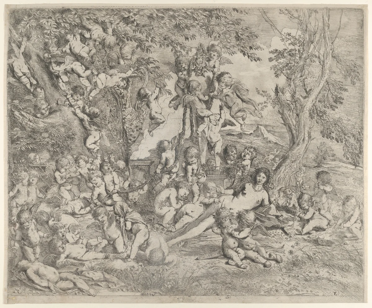 The Garden of Venus who reclines in the centre before a term of Pan and surrounded by cupids by Pietro Testa, print, 1626-1642