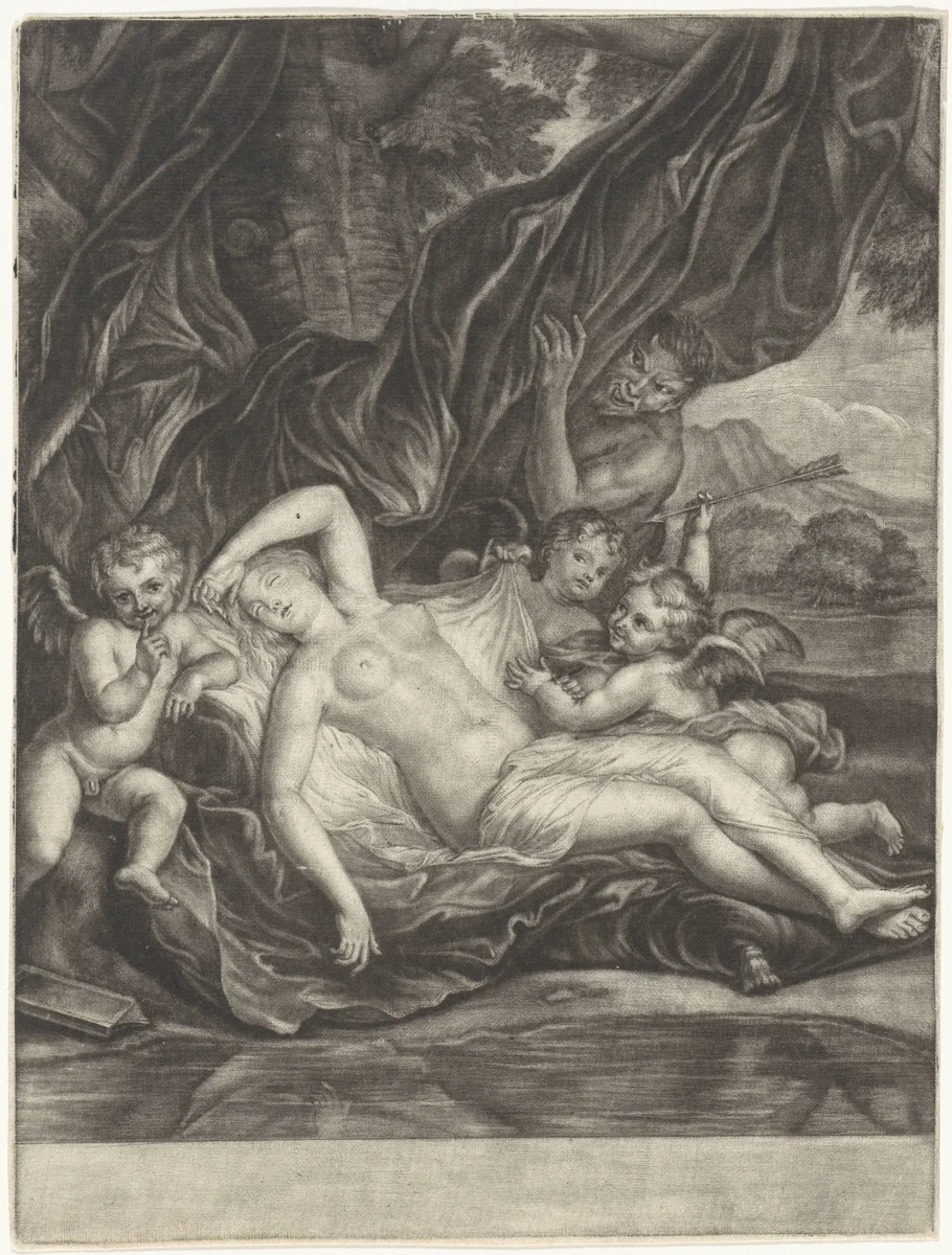 Sater bespiedt een slapende nimf by anonymous, print, 1650-1800