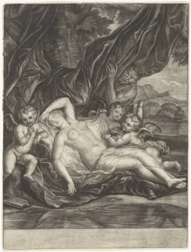 Sater bespiedt een slapende nimf by anonymous, print, 1650-1800