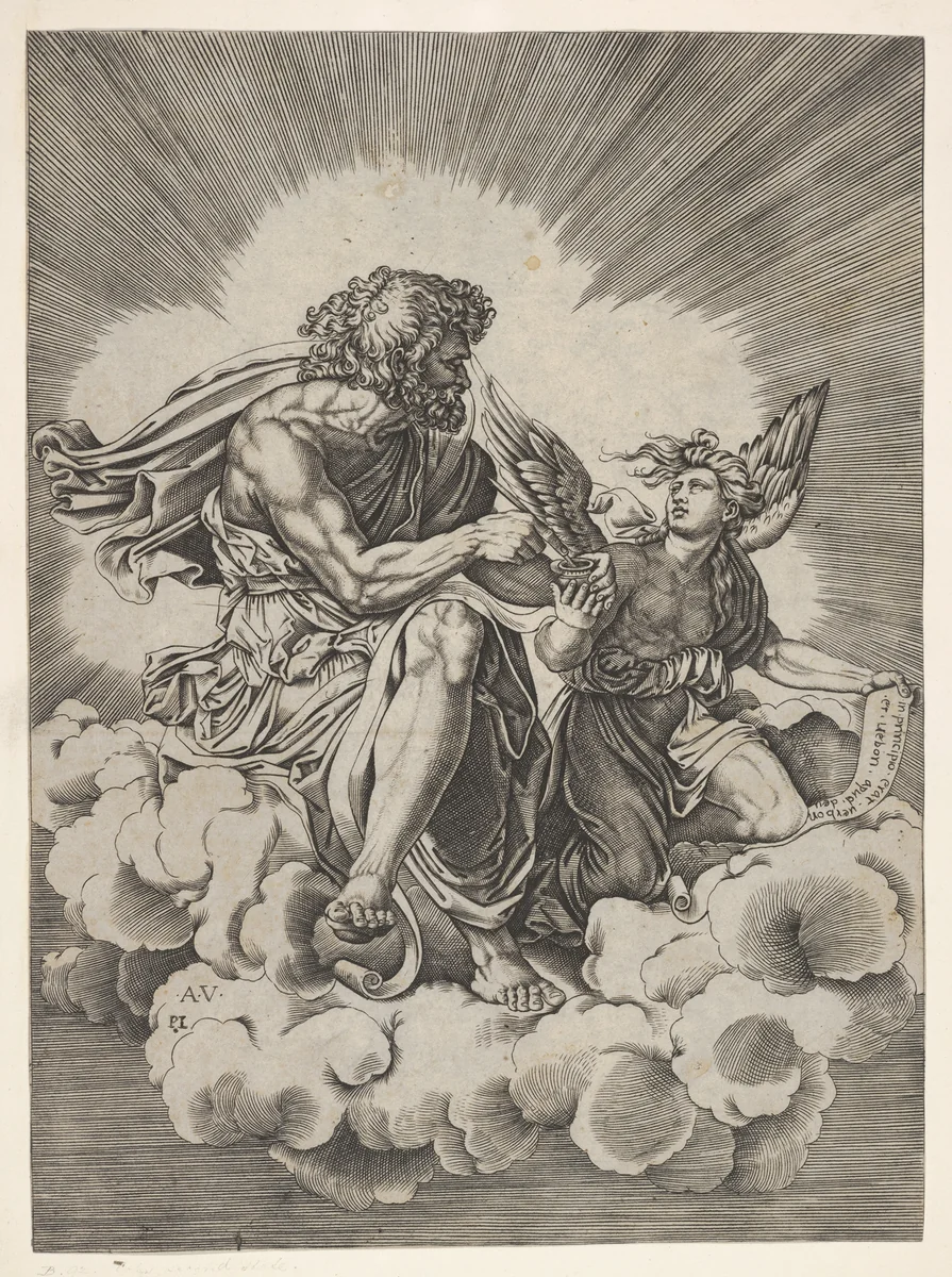 St. Matthew, seated on a cloud with legs crossed and dipping a quill into an inkwell held by an angel, who also holds an inscribed scroll, from a series of the four evangelists after Agostino Veneziano, which are in turn after Giulio Romano by anonymous, print, 1518
