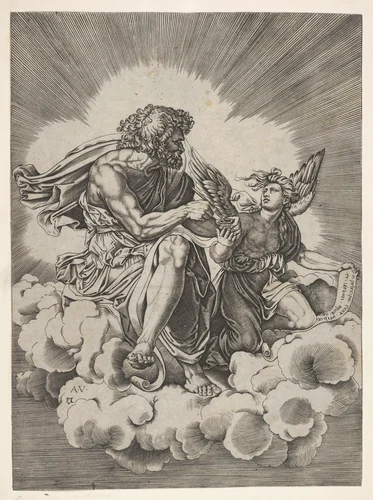St. Matthew, seated on a cloud with legs crossed and dipping a quill into an inkwell held by an angel, who also holds an inscribed scroll, from a series of the four evangelists after Agostino Veneziano, which are in turn after Giulio Romano by anonymous, print, 1518