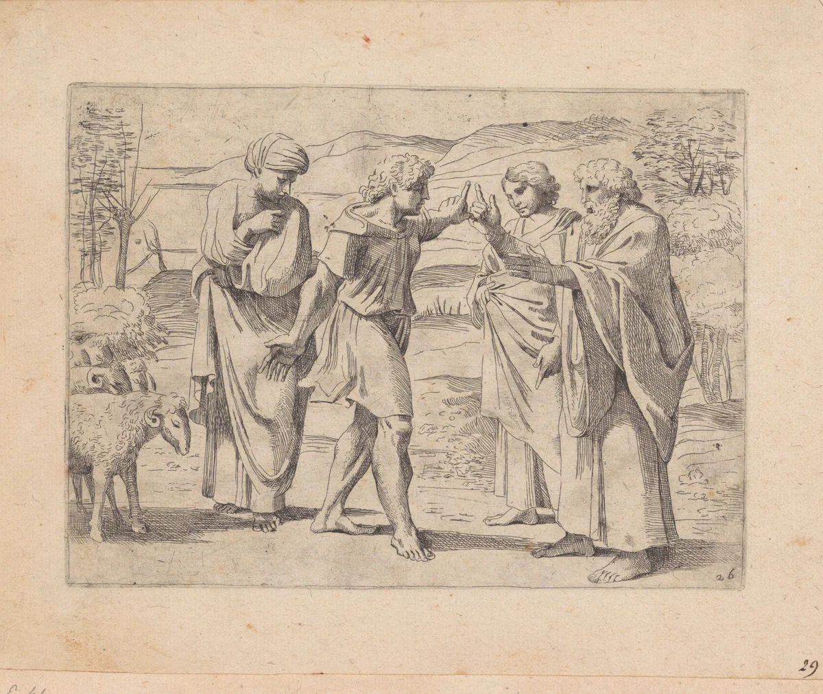Jakob en Laban met Lea en Rachel by Sisto Badalocchio, print, 1607