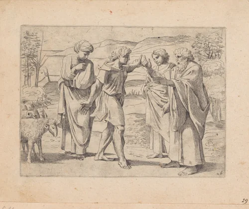 Jakob en Laban met Lea en Rachel by Sisto Badalocchio, print, 1607
