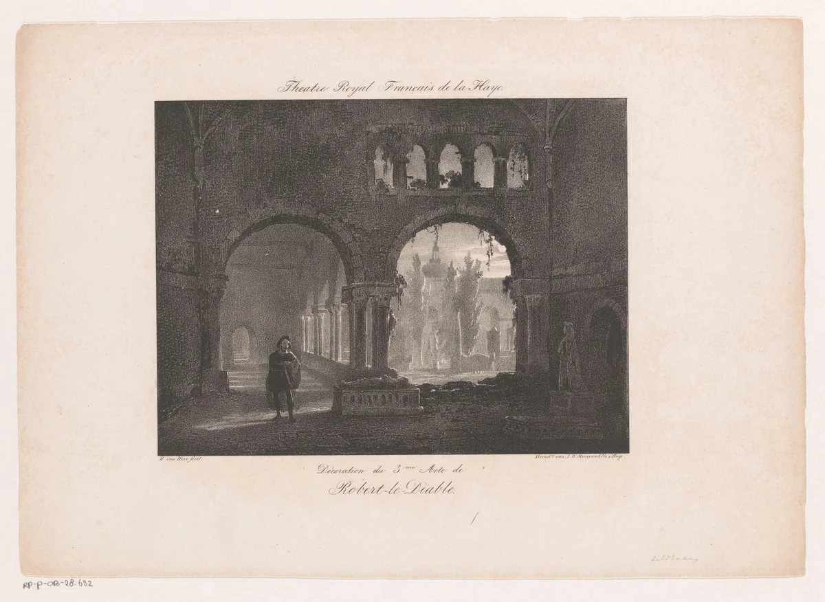 Decorstuk voor de opera Robert le diable by Huib van Hove, print, 1834