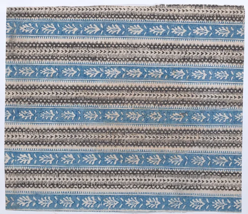 Sheet with five borders with blue and black abstract patterns by anonymous, print, 1800-1900