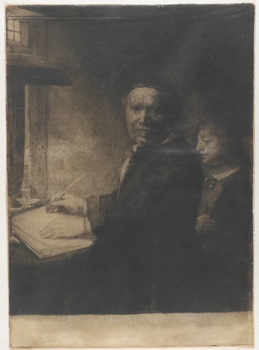 Lieven Willemsz. van Coppenol, writing master: the smaller plate by Rembrandt van Rijn, print, 1658