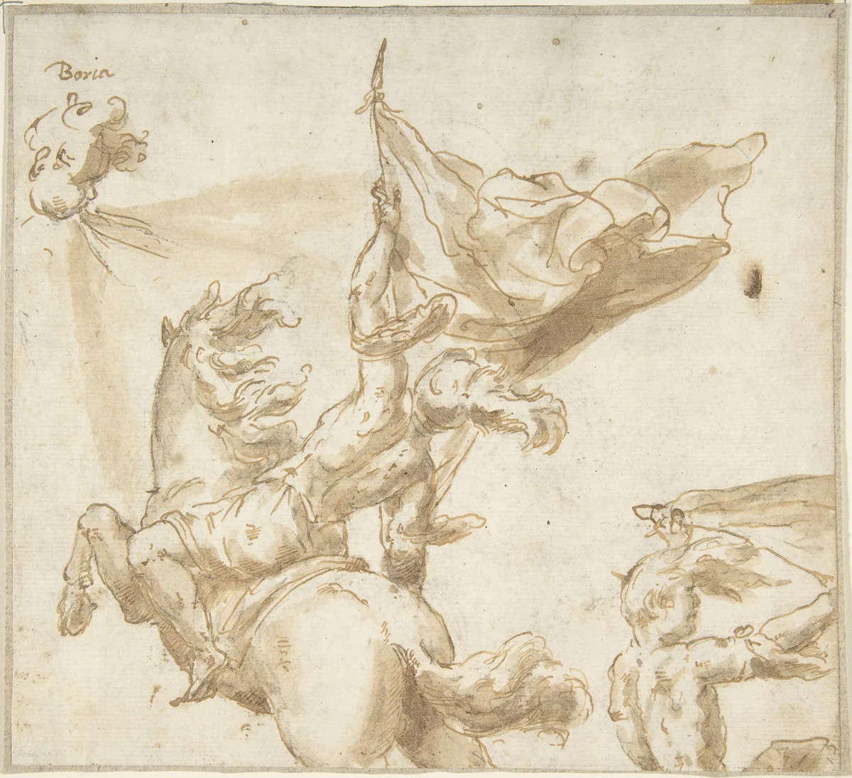 Figure of a Soldier on Horseback Holding a Flag by anonymous, drawing, 1600-1700