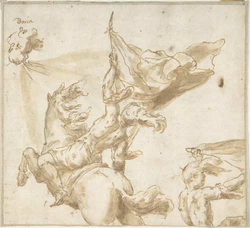 Figure of a Soldier on Horseback Holding a Flag by anonymous, drawing, 1600-1700