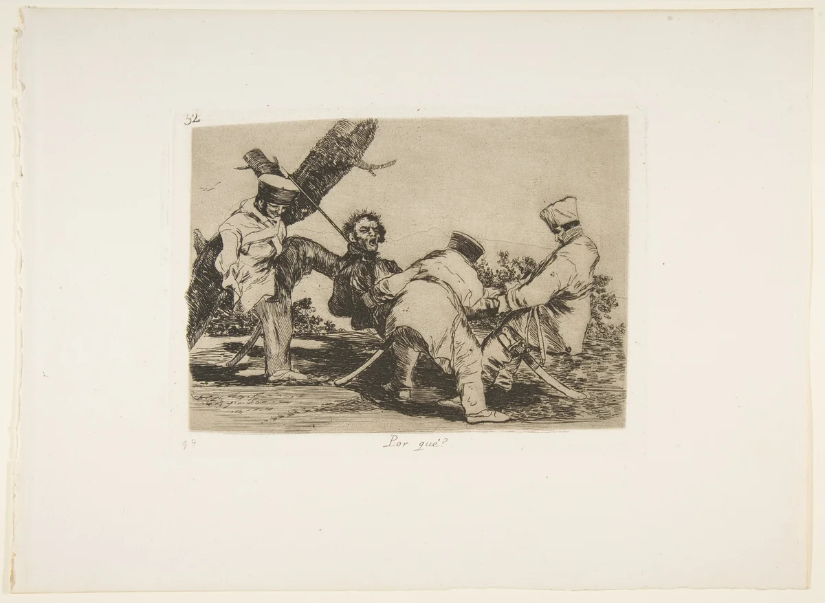 Plate 32 from "The Disasters of War" (Los Desastres de la Guerra): 'Why?' (Por qué?) by Goya, print, 1810