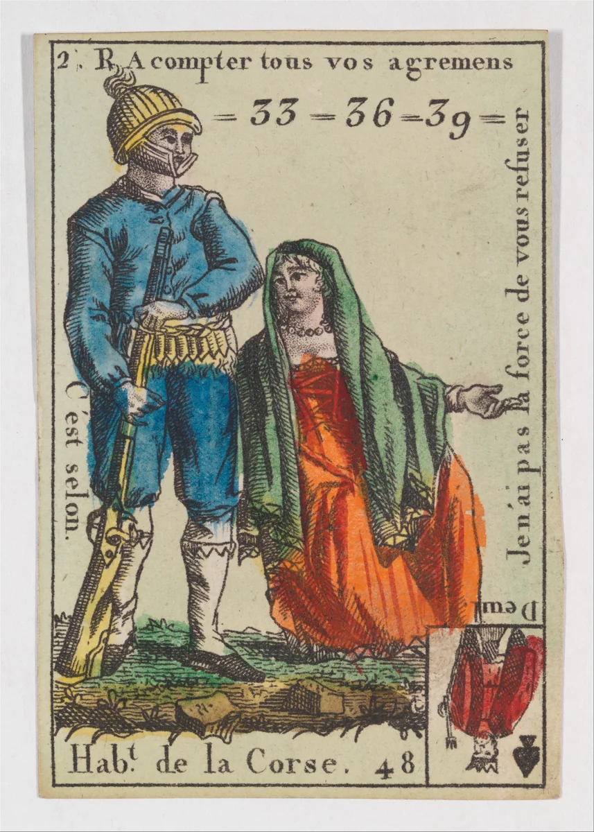 Hab.t de la Corse, from the playing cards (for quartets) "Costumes des Peuples Étrangers" by anonymous, print, 1700-1799