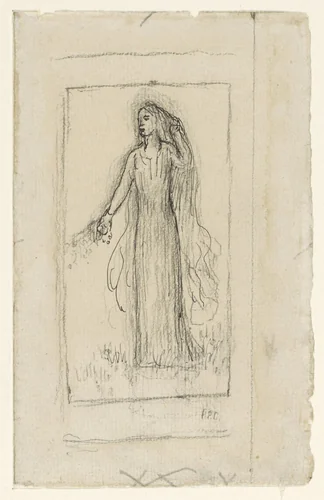 Schets van een staand meisje met bloemen in de rechterhand by Pierre Puvis de Chavannes, drawing, 1834-1898