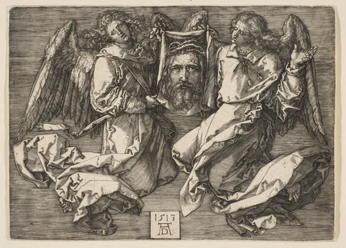 Sudarium displayed by two Angels by Albrecht Dürer, print, 1513