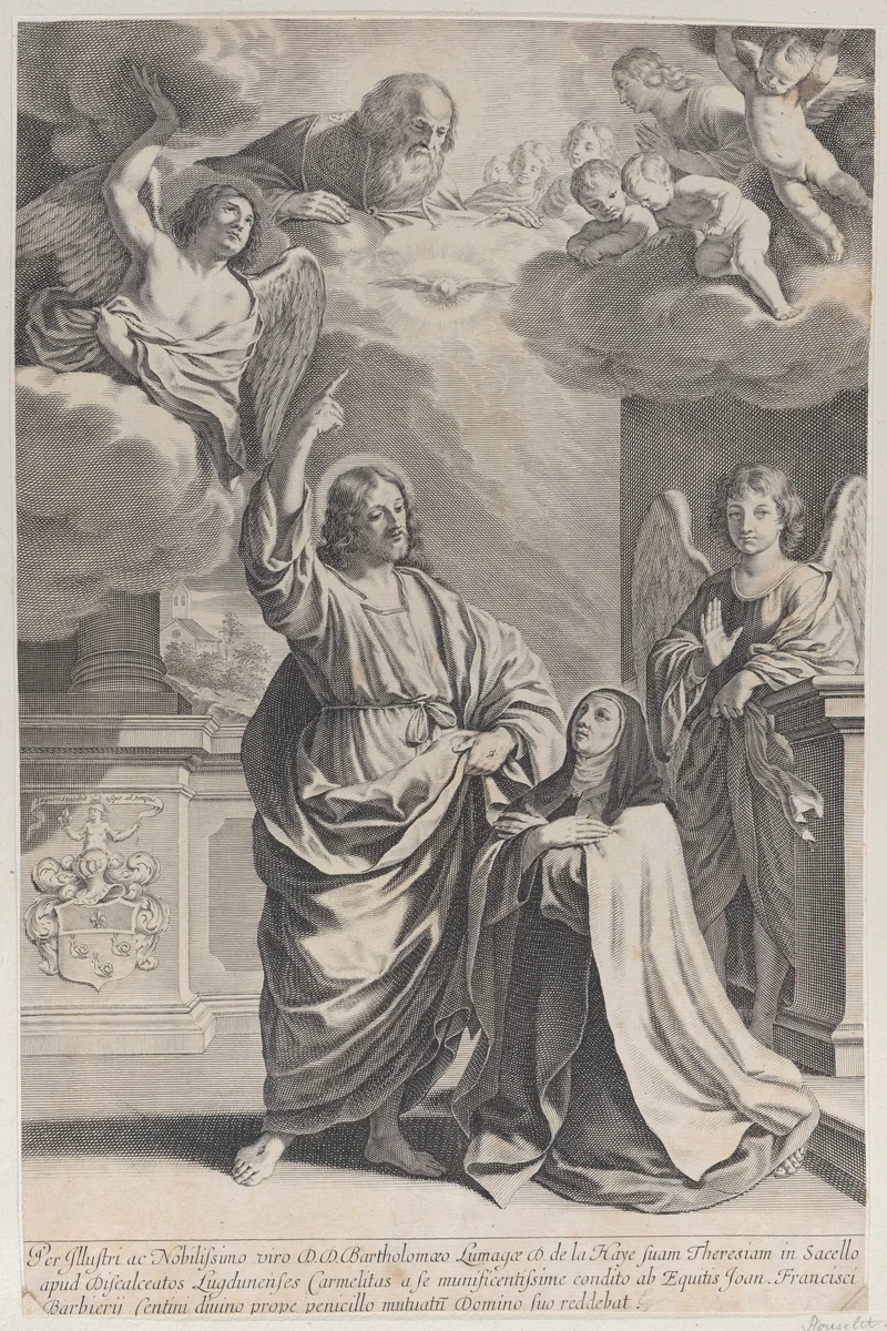 Saint Theresa praying alongside Christ, who points upwards to God the Father and the Holy Spirit by Gilles Rousselet, print, 1635-1700