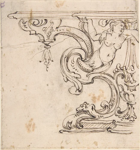 Left Side of the Design for a Table with the Figure of a Siren by anonymous, drawing, 1600-1699