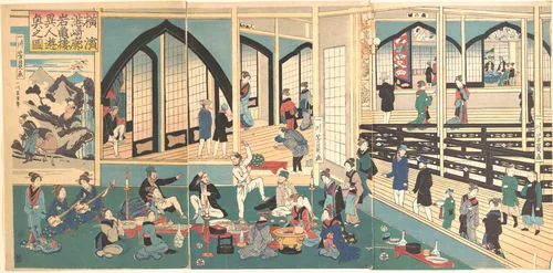 Foreigners Enjoying a Party at the Gankirō Tea House by Utagawa Yoshikazu, print, 1861