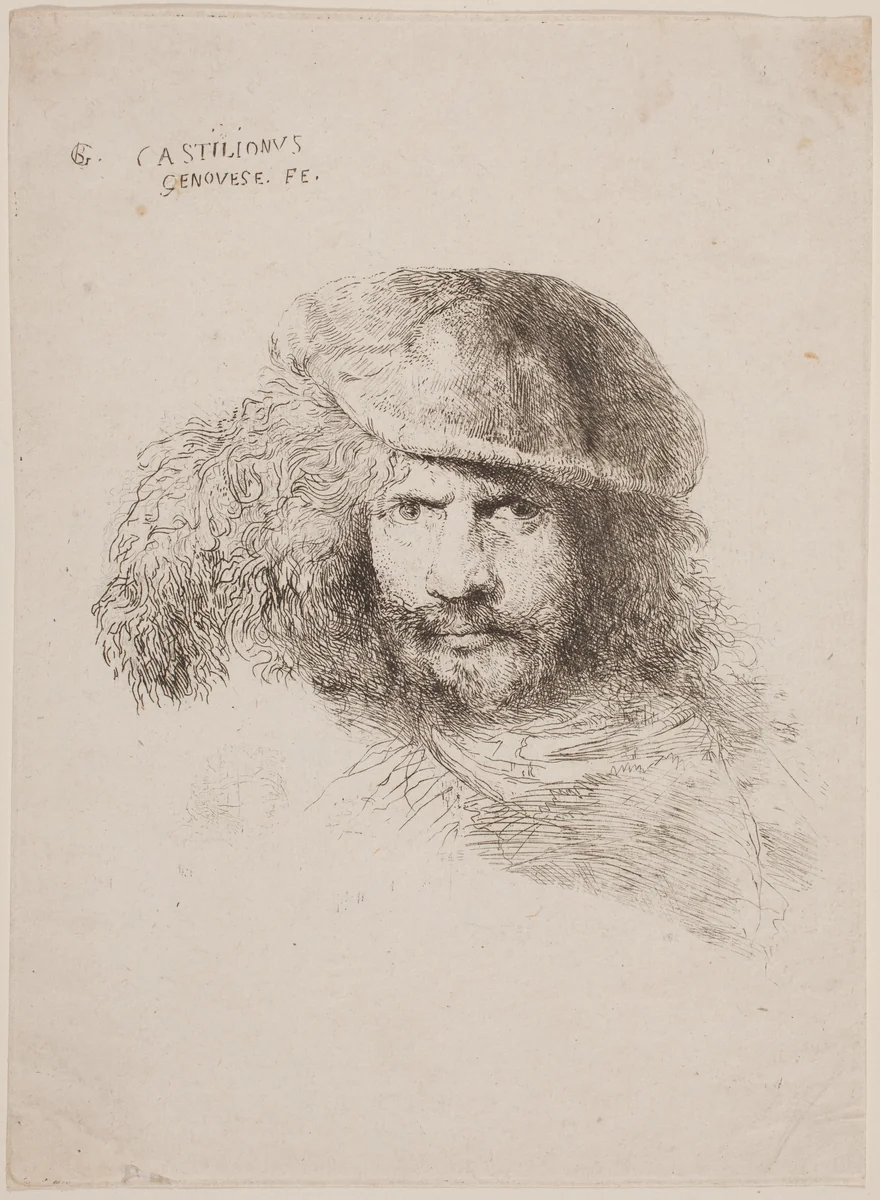 Head of a Young Man in a Feathered Hat (so-called Self-Portrait) by Giovanni Benedetto Castiglione, print, 1647-1649