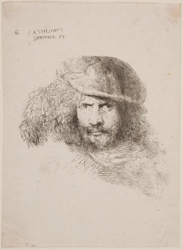 Head of a Young Man in a Feathered Hat (so-called Self-Portrait) by Giovanni Benedetto Castiglione, print, 1647-1649